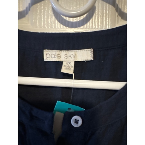 Pale Sky Navy Blue Textured Button Front Tie Waist Top Plus Size 2X 1471 - Picture 3 of 5